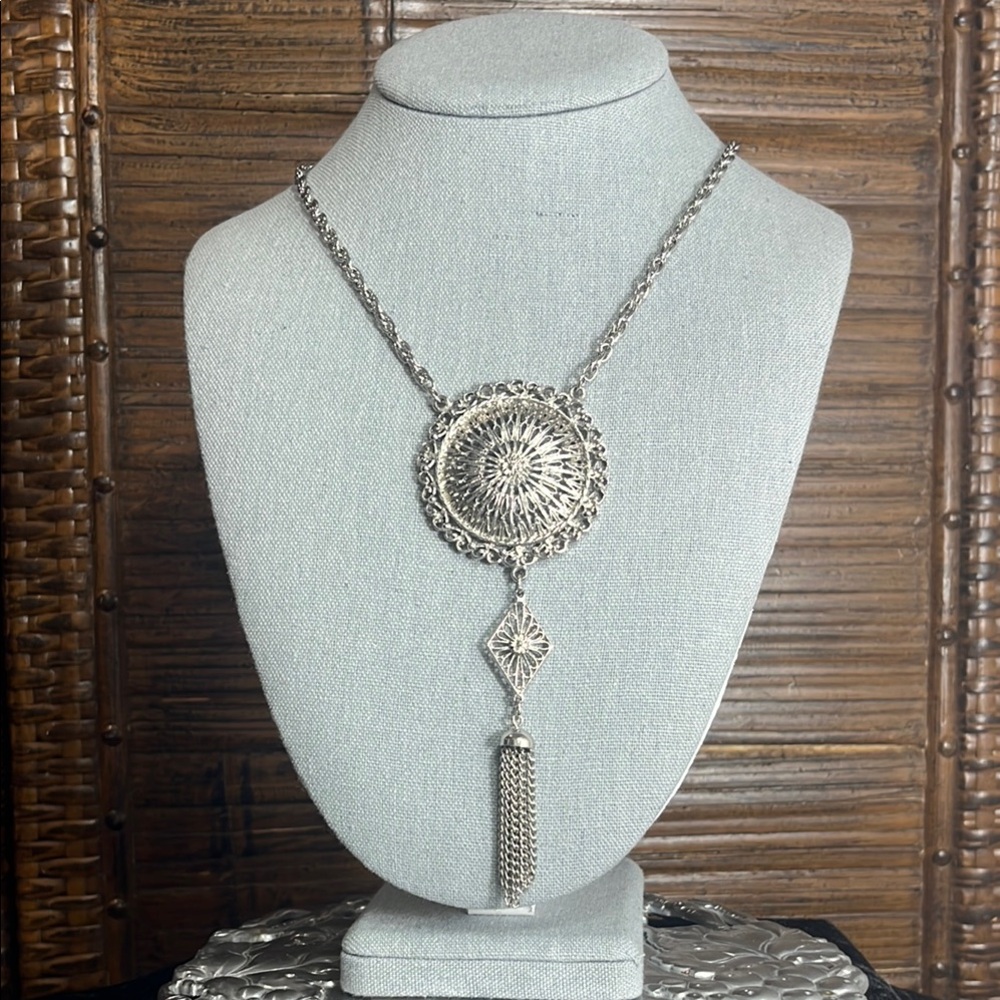 Vintage Lisner Signed Large Medallion Tassel Pendant Necklace
